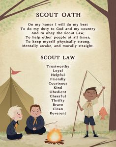 two children sitting around a campfire with the words scout oath written in front of them