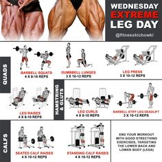 an image of a man doing exercises for his chest and back with the text, wednesday extreme leg day