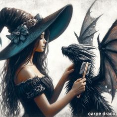 a woman in a witches hat holding a brush and a dragon with wings on it