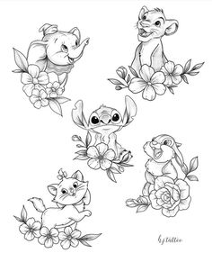 some cartoon animals and flowers on a white background