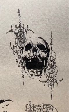 an ink drawing of a skull and crossbones