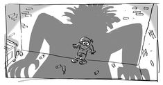 a drawing of a person on a skateboard in front of a giant human shadow