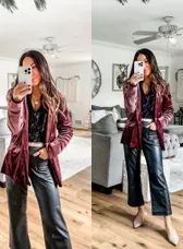 Small velvet blazer. Small button down shirt. 0 short faux leather pant. Holiday outfit. Click on my link below to shop. Affiliate Link: https://liketk.it/4WJwu #LTKSaleAlert#LTKFindsUnder50#LTKHolidayhouseofleoblog on LTK Faux Leather Pants Outfit, Leather Pants Outfit, Leather Pant, Velvet Blazer, Faux Leather Pants