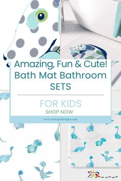 bathroom mats with blue and green designs on them, including the words amazing fun & cute bath mat bathroom sets for kids shop now