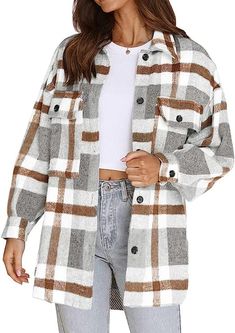 Long Sleeve Button Down Chest Pocketed Shirts Jacket Coats Womens Flannel Jacket, Womens Flannel Shirt, Womens Jackets Casual, Plaid Shirts, Flannel Women, Flannel Jacket, Pocket Shirt, Plaid Flannel Shirt, Plaid Jacket