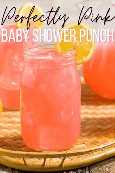 baby shower punch with lemons on the side and text overlay that reads perfectly pink baby shower punch