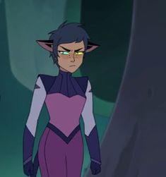 an animated image of a woman with green eyes and purple hair, standing in front of a dark background