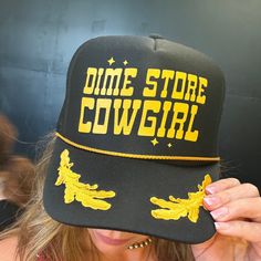 dime store cowgirl trucker captain hat Western Style Trucker Hat For Western-themed Events, Western Themed Snapback Trucker Hat, One Size Trucker Hat For Western-themed Events, Country Style Trucker Hat For Western-themed Events, Western Trucker Hats With Patches, Custom Baseball Hats, Custom Trucker Hats, Custom Patches, Cowgirl Hats