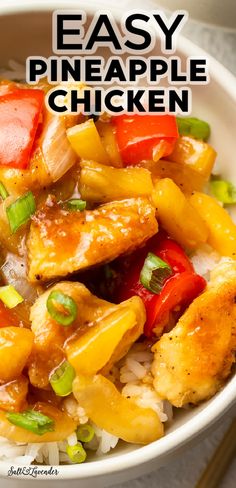 a white bowl filled with chicken, pineapples and rice next to chopsticks