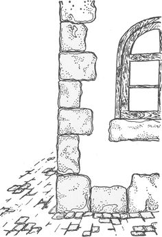 a drawing of the letter u made out of rocks and bricks, with an open window