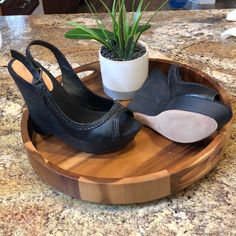 Brand New Never Worn Black Wedges Black Wedge Sandals With Wooden Heel, Black Leather Wedge Heel Sandals, Black Slingback Platform Wedge Sandals, Black Leather Wedge Sandals, Black Wedges, Womens Shoes Wedges, Wearing Black, True Religion, Wedge Sandals