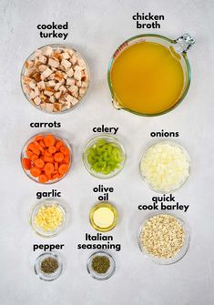 the ingredients to make chicken broth are shown in bowls on a white surface, including carrots, celery, onion, garlic, and seasoning