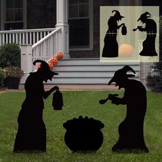 two silhouettes of witches cooking outside in front of a house