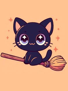 a cute black cat sitting on top of a broom with stars around it's eyes