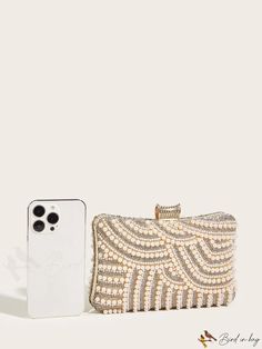 BirdinBag - Faux Pearl & Rhinestone Embellished Box Bag - Elegant, Versatile Purse for Special Occasions Beige Embellished Rectangular Bag, Beige Embellished Rectangular Evening Bag, Beige Embellished Rectangular Shoulder Bag, Glamorous Beige Rectangular Bag, Glamorous Beige Rectangular Evening Bag, Glamorous Embellished Rectangular Clutch, Minimalist Pattern, Color Champagne, Word Wrap