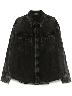 black cotton washed denim front button fastening classic collar drop shoulder long sleeves buttoned cuffs two button-fastening chest pockets curved hem Mugler Denim, Balenciaga Triple S, Dress Watch, Washed Denim, Short Suit, Sweaters Knitwear, Mens Outerwear, Denim Shirt, Denim Wash