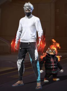 a man standing next to a small child in front of a fire filled building with flames