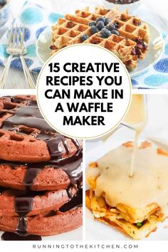 some waffles are being drizzled with icing and chocolate sauce