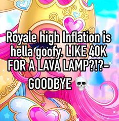 a girl with pink hair and hearts on her face saying, royal high infattion is