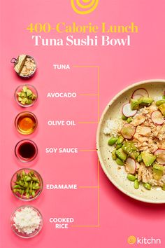 the ingredients for tuna sushi bowl are shown on a pink background with an info sheet