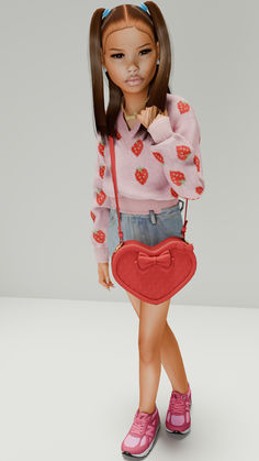 the doll is wearing a pink sweater and holding a red heart shaped handbag in her hands