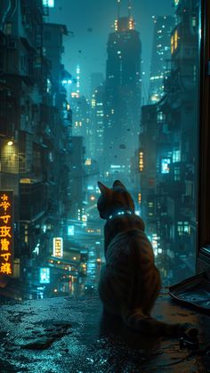 a cat sitting on top of a window sill looking out at the city lights