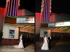 two pictures of a couple in front of a theater at night, one is holding the bride's hand