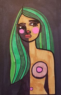 a painting of a woman with green hair and pink dots on her face is shown