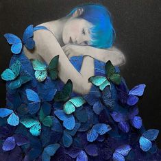 a painting of a woman with blue hair and butterflies around her body, surrounded by text that reads a light heart floating through the world pale blue butterfly