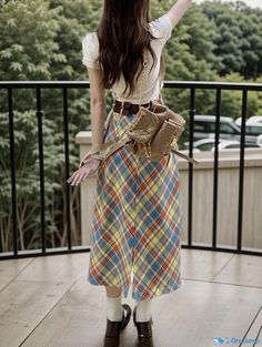 Orcajump - Vintage High-Waisted Dopamine Colored Plaid Midi Skirt with Retro Grid Pattern Plaid Midi Skirt, Color Checker, Harness Dress, Floral Maxi Skirt, Long Sleeve Knit Sweaters, Midi Skirt Pencil, Body Con Skirt, Dress With Cardigan, Plaid Skirts