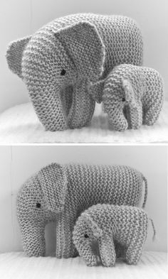 two pictures of an elephant made out of knitted yarns, one in grey and the other in white