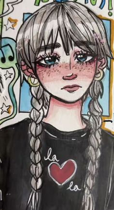 a drawing of a girl with braids and a heart on her t - shirt