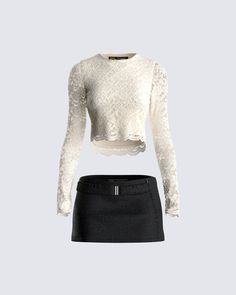 Just because a fit is simple doesn't mean it's not a slay 💅 This two-piece set features an ivory lace top and a black belted mini skirt for a look that is perfect for anything 😌 Finesse Clothing, Tweed Cropped Jacket, Singer Dr, Stylish Fits, Ivory Lace Top, High Waist Sports Leggings, Belted Mini Skirt, Mini Skirt Set, Grocery Foods