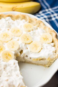 a banana cream pie on a white plate