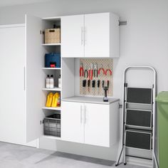 The HangUps Storage Cabinet Collection offers versatility for your ever changing storage needs in the garage, laundry room, office or workshop. The Cabinets mount securely to the wall with a heavy duty metal rail and hook system. The wall mounted feature ensures easy cleaning beneath the cabinets and protects your stored items from water and dirt. The HangUps Collection is constructed using laminated composite wood and features metal handles and adjustable hinges. This product ships ready-to-assemble and includes all hanging rails and fastening bolts. Add other cabinets from our HangUps Collection to create a storage system to convert any cluttered room into an organized space. Constructed from non-toxic, CARB-2 compliant, laminated composite woods. Ships ready to assemble, includes an ins Cluttered Room, Garage Laundry Room, Laundry Room Office, Locking Storage Cabinet, Narrow Storage Cabinet, Steel Storage Cabinets, Garage Laundry, Car Products, Storage Furniture Living Room