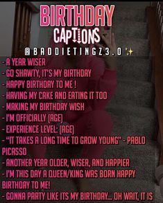 the birthday caption is in pink and has an image of a woman sitting on stairs