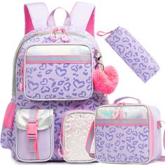 Gorgeous solid-colored backpack, lunchbox and pencil bag set with subtle all over heart-shaped leopard print. Contrasting metallic silver, lavender, pink and mint accents. Side pockets perfect for hauling water bottles and accessories. Hidden front zip pocket and main enclosure with double zippers. Reinforced top loop for carrying and hanging. Extra thick lined adjustable shoulder straps for comfort and easy hauling. Matching lunch box and pencil bag. Three piece set. Large capacity backpack: 17” x 11.8” x 7.5” Lunch bag: 10.6" x 8.2" x 4" Pencil Case: 8.6" Available in purple or pink. Also available in black here. Good things take time. Quicker shipping: this backpack set ships directly from our overseas warehouse and; once shipped, will arrive to you in about 8-12 business days. *Limited Schoolbag Aesthetic, Aesthetic Backpack, Custom Backpack, Backpack Set, Floral Bags, Pencil Bags, Bow Design, Large Backpack, Girl Backpacks