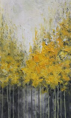 an abstract painting of trees with yellow leaves