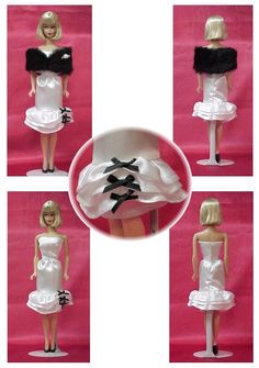 four photos of barbie dolls dressed in white dresses and black accessories, with text above them