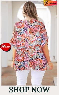 Multicolor Floral V Neck Half Sleeve Plus Size Blouse Colorful V-neck Top For Vacation, Multicolor Short Sleeve Top With Colorful Pattern, Multicolor Short Sleeve Tops With Colorful Pattern, Multicolor Floral Print Relaxed Fit Blouse, Spring V-neck Top With Colorful Pattern, Red Tops With Colorful Pattern For Vacation, Multicolor Short Sleeve Tops For Vacation, Red Colorful Pattern Top For Vacation, Red Top With Colorful Pattern For Vacation