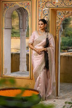 Shop powder pink embroidered tissue silk saree online in USA with blouse. Make a fashion statement at weddings with stunning designer sarees, embroidered sarees with blouse, wedding sarees, handloom sarees from Pure Elegance Indian fashion store in USA.-full view Pink Raw Silk Pre-draped Saree With Resham Embroidery, Pink Chanderi Pre-draped Saree For Reception, Pink Wedding Pre-draped Saree, Reception Traditional Wear With Zari Weaving In Tissue Silk, Pink Raw Silk Pre-draped Saree For Reception, Pink Pre-draped Saree With Zari Weaving For Reception, Pink Pre-draped Saree For Reception With Zari Weaving, Pink Raw Silk Saree For Reception, Pink Zari Weaving Blouse Piece For Reception