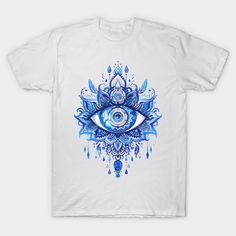 a t - shirt with an all seeing eye on the front and blue flowers in the back