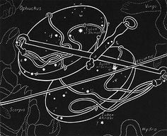 a drawing of a bow and arrow with stars in the sky above it, on a black background