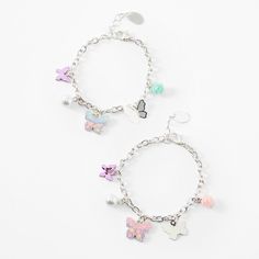 Show your bestie how to flutter in style in these butterfly charm bracelets. This set includes one bracelet for you and one for her, each with with a variety of butterfly charms. Pack Size: 2 Length: 6" + extender Closure: Lobster clasp Material: Metal - Claire's Best Friends Butterfly Charm Bracelets - 2 Pack Adjustable Butterfly Charm Bracelet, Adjustable Metal Bracelets With Butterfly Charm, Adjustable Metal Bracelet With Butterfly Charm, Adjustable Silver Beaded Bracelet With Butterfly Charm, Adjustable Silver Charm Bracelet With Butterfly, Silver Adjustable Charm Bracelet With Butterfly, Butterfly Stuff, Clear Butterfly, Claire's Accessories