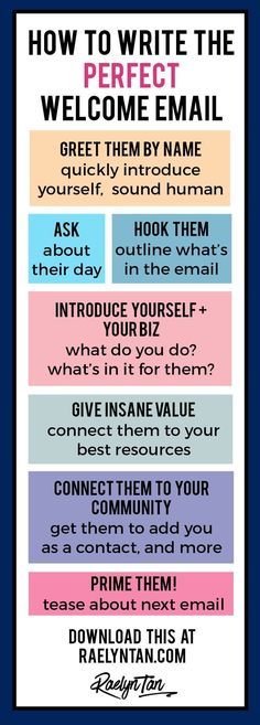 a poster with the words how to write the welcome email in different colors and font