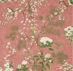 a pink wallpaper with white flowers and green leaves on the top right corner is an image of a tree