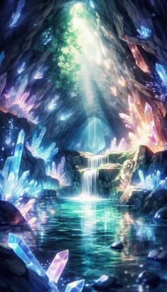 an artistic scene with water and rocks in the foreground, surrounded by crystal shards