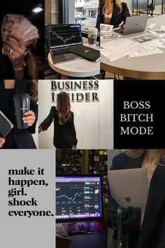 a collage of photos with women working on laptops and business models in the background