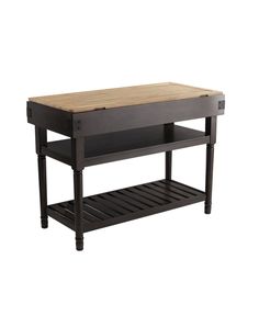 a black kitchen island with butcher block top