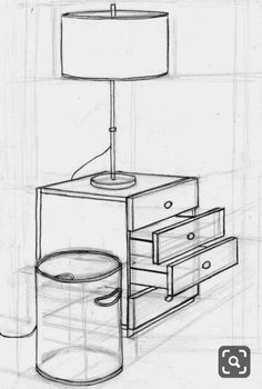 a drawing of a table with drawers and a lamp